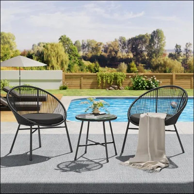 3 Piece Patio Bistro Set, Outdoor Acapulco Chairs Set Of 2 With Glass Top Table, All Weather Modern Patio Chairs With Cushions, Patio Conversation Bis | Wayfair North America