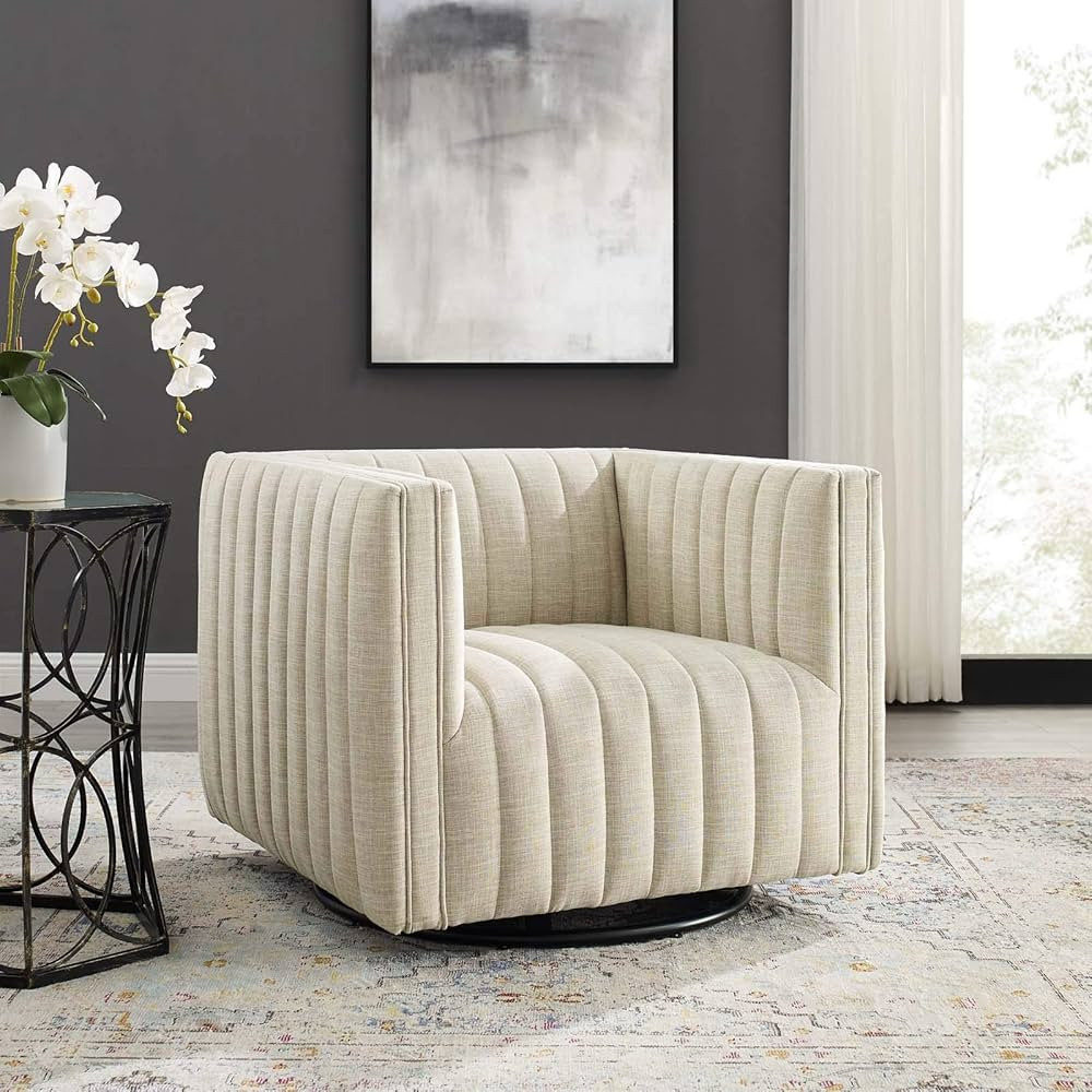 Modway Conjure Channel Tufted Upholstered Accent Beige, Swivel Armchair | Amazon (US)