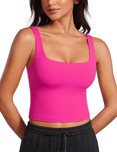 CRZ YOGA Womens Butterluxe Double Lined Square Neck Tight Tank Tops Sleeveless Workout Cropped Casual Yoga Fitted Shirts Hibiscus Purple Small | Amazon (US)