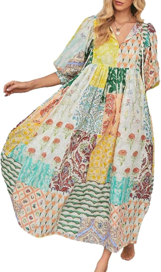 CHARTOU Women Boho Floral Printed Long Dress Summer Lantern Half Sleeve Beach Flowy Loose Swing S... | Amazon (US)