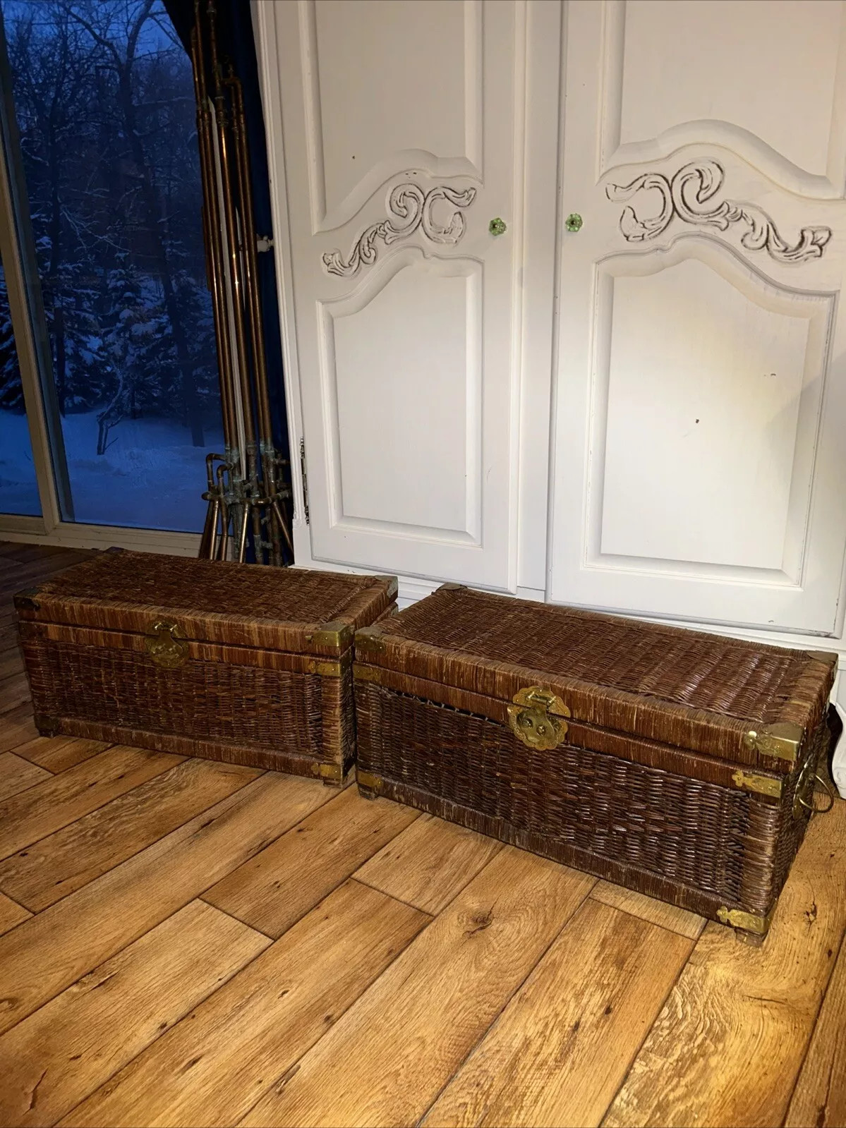 2 Vtg Chinoiserie Handwoven Wicker Trunk Blanket Chest Brass Hardware RARE 27” | eBay US