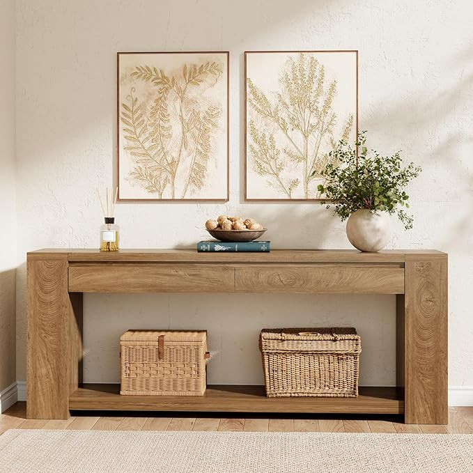 78.74" Extra Long Console Table with 2 Drawers Storage & Shelf, Minimalist Rustic Narrow Entryway... | Amazon (US)