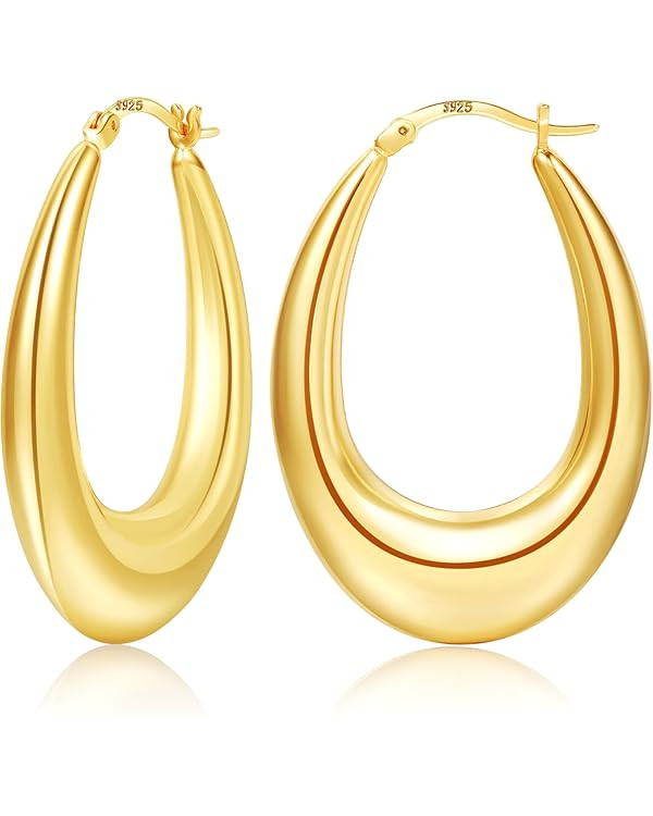 PABBEU Chunky Gold Hoop Earrings for Women 14k Gold Plated Oval Hoop Earrings Lightweight Gold Th... | Amazon (US)