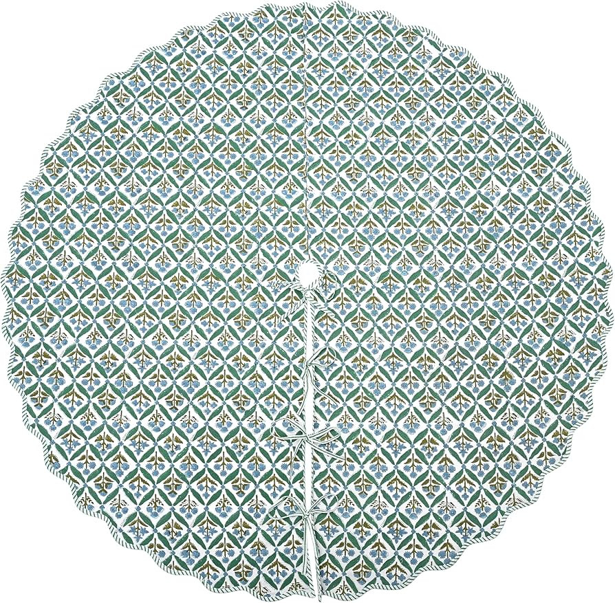 Ridhi Sea Green Hand Block Printed Christmas Tree Skirt 40'' Inch Cute, Boho,Decorative, Rustic, ... | Amazon (US)