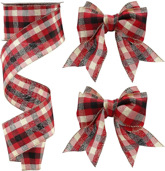 VGOODALL Buffalo Plaid Wired Ribbon Decoration-20 Yards ×2.5 Inch Black Red Gold and Ivory White... | Amazon (US)