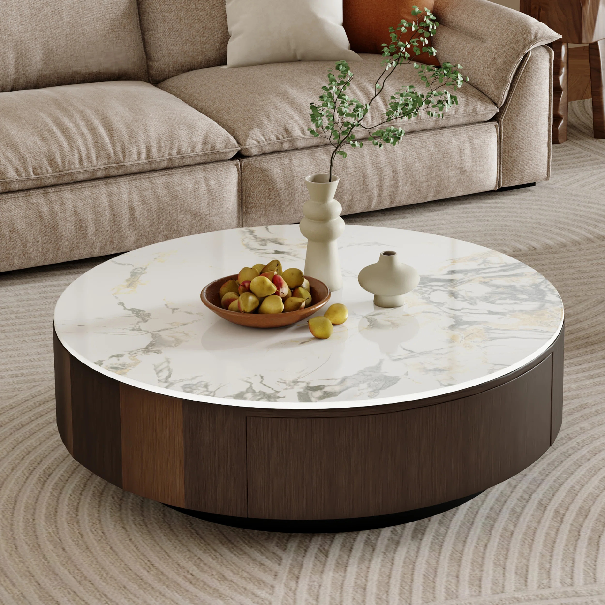 35.5" Modern Round Coffee Table, Glossy White Sintered Stone Table top, Brown Solid Wood Coffee T... | Wayfair North America