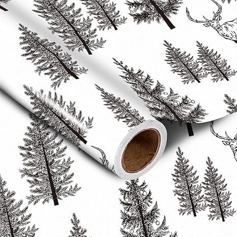 LeZakaa Christmas Wrapping Paper Roll - Reindeer and Snowy Pine Trees in Black & White Xmas Desig... | Amazon (US)