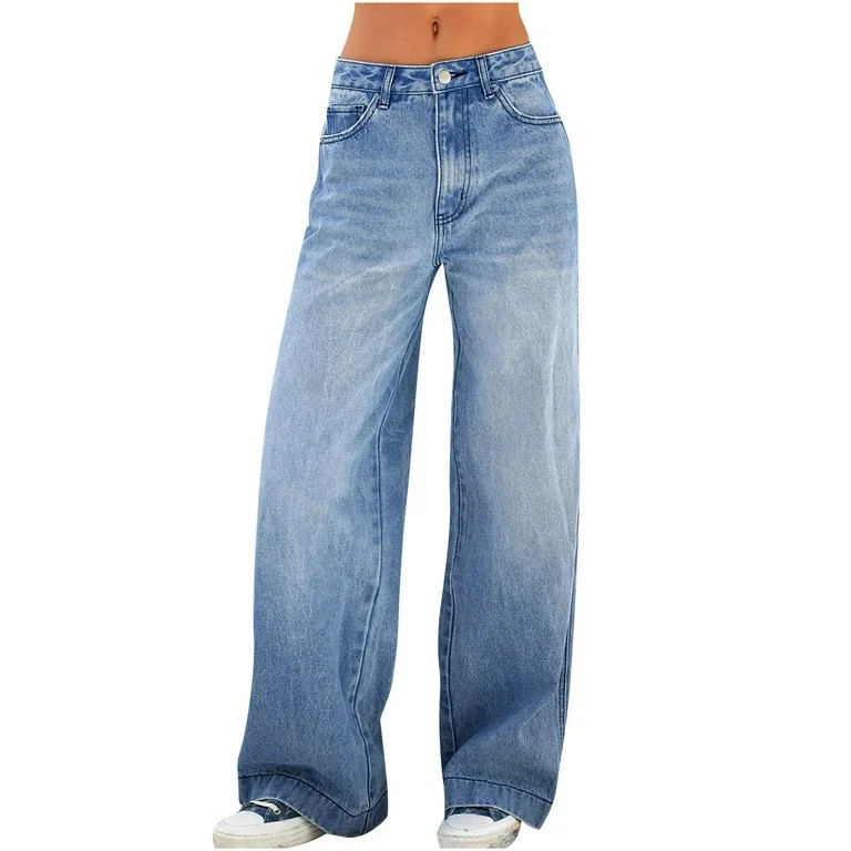 CENGNIAN No Boundaries Women's Baggy Wide Leg Jeans,Ladies Washed Mid Waisted Denim Pants,Y2K Vin... | Walmart (US)