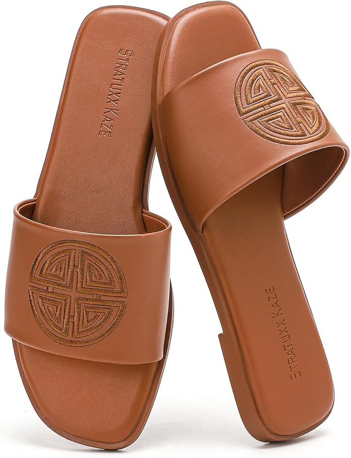 Stratuxx Kaze Womens Flat Sandals Dressy Summer Slide with Memory Foam Comfortable Cute Leather B... | Amazon (US)