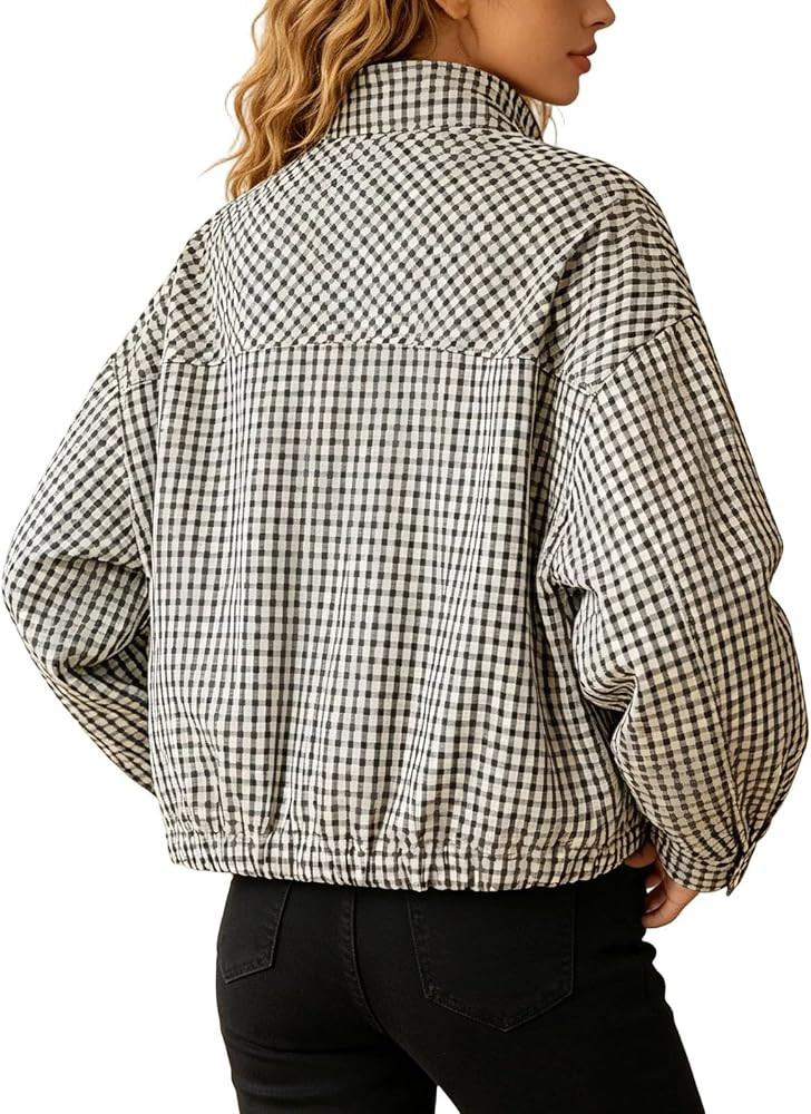 Women Gingham Stand Collar Zip Up Jacket With Pockets Cropped Checked Windbreaker Plaid Bomber Ja... | Amazon (UK)