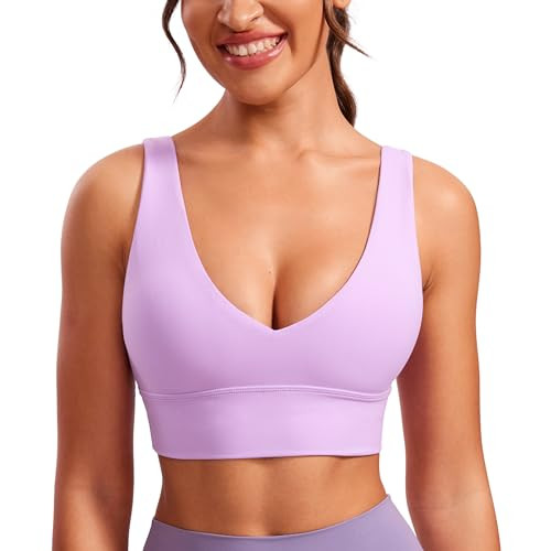 CRZ YOGA Butterluxe Womens V-Neck Longline Sports Bra - U Back Wireless Yoga Bra Low Impact Padded Crop Top Lilac X-Large | Amazon (US)