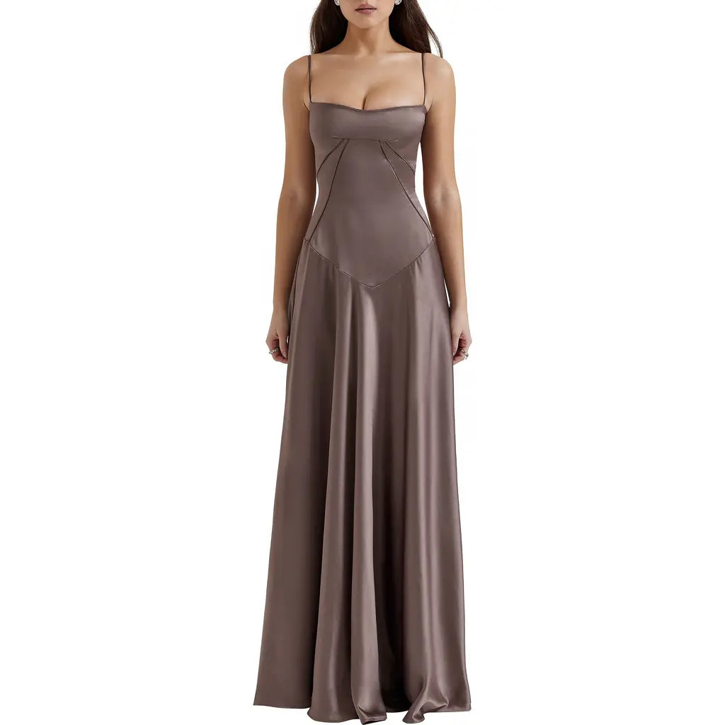 HOUSE OF CB Anabella Lace-Up Satin Gown in Pebble Grey at Nordstrom, Size Large D | Nordstrom