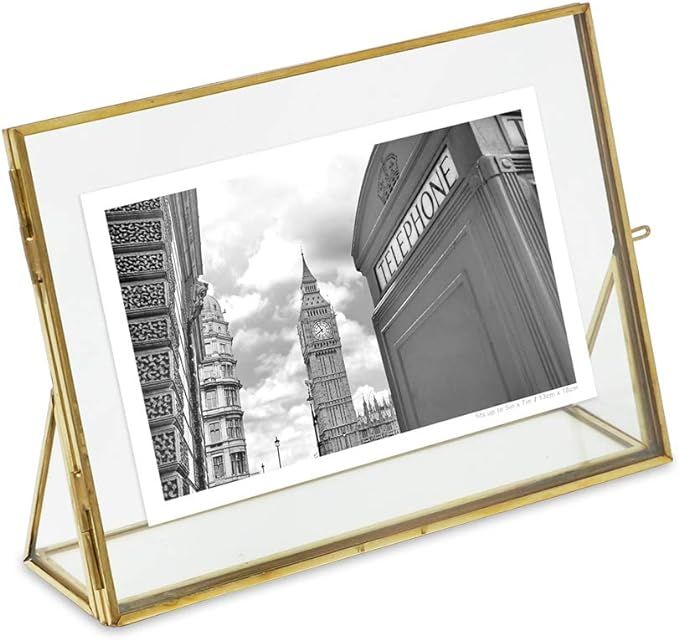 Isaac Jacobs 5x7, Antique Gold, Vintage Style Brass & Glass, Floating Photo Frame (Horizontal), M... | Amazon (US)