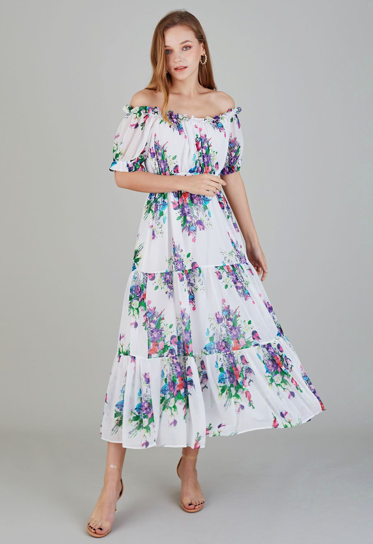 Flower Bushes Off-Shoulder Chiffon Dress | Chicwish