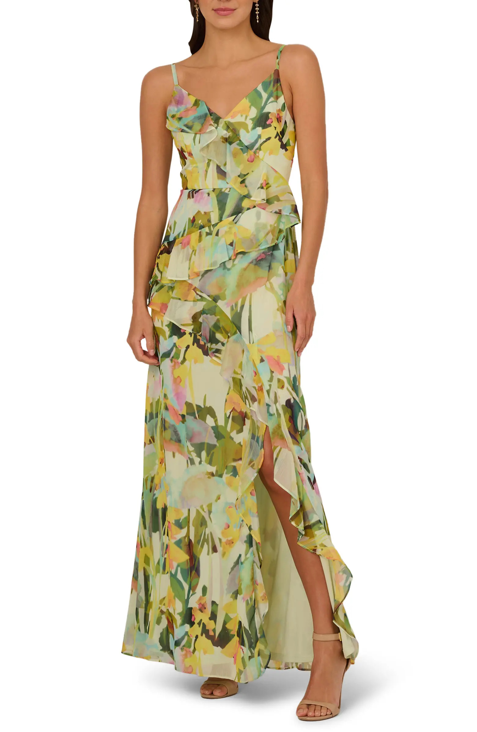 Adrianna Papell Floral Cascade Ruffle Chiffon Gown | Nordstrom | Nordstrom