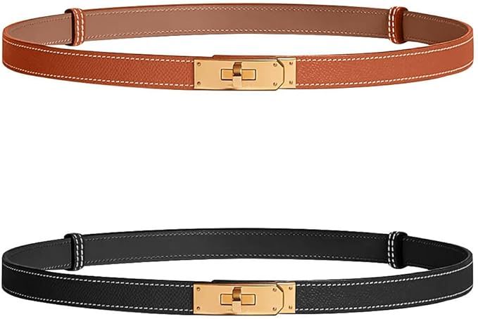 2 Pack Designer Belts for Women H Gold Buckle Adjustable Turn-Lock Buckle Thin Waist Belt | Amazon (US)