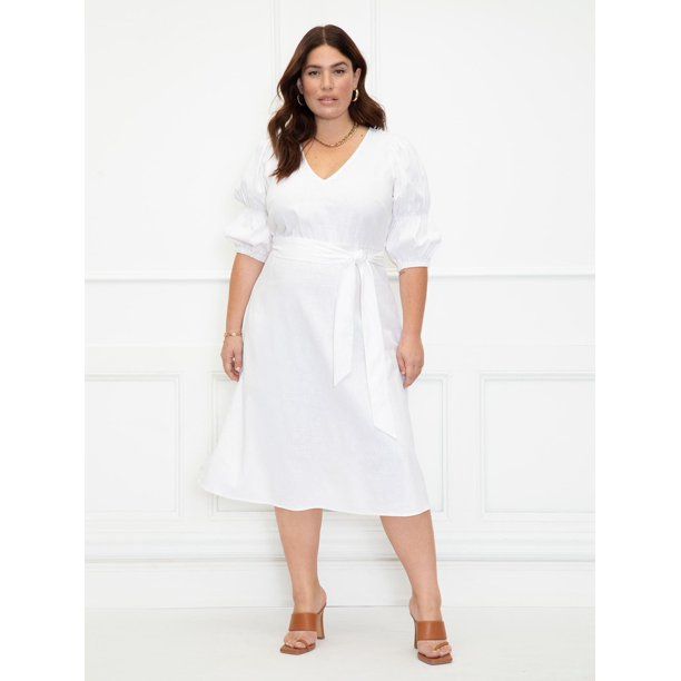 ELOQUII Elements Women's Plus Size Puff Sleeve Fit And Flare Dress - Walmart.com | Walmart (US)
