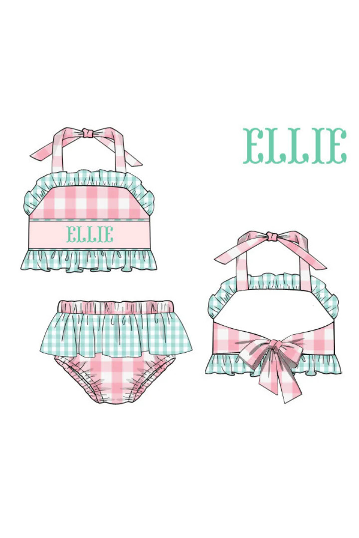 Pre- Order Custom NameSmocked Pink Gingham Two Piece Swimsuit | The Smocked Flamingo