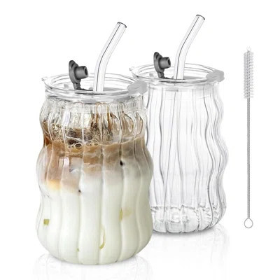 Ribbed Glass Cups With Lids And Straws – Unique Glasses For Iced Coffee, 18Oz Vintage Design(2PCS/Clear) | Wayfair North America