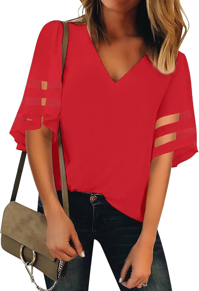 LookbookStore Women's V Neck Mesh Panel Blouse 3/4 Bell Sleeve Loose Top Shirt | Amazon (US)