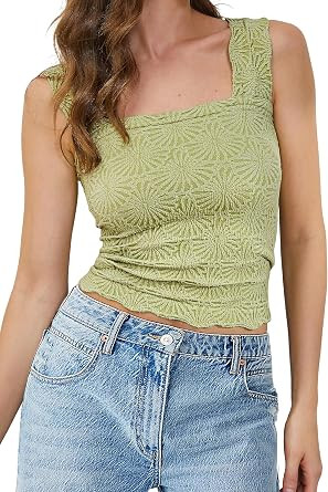 MISSACTIVER Women Square Neck Wide Straps Crop Tank Tops Casual Floral Sleeveless Lettuce Trim Sl... | Amazon (US)