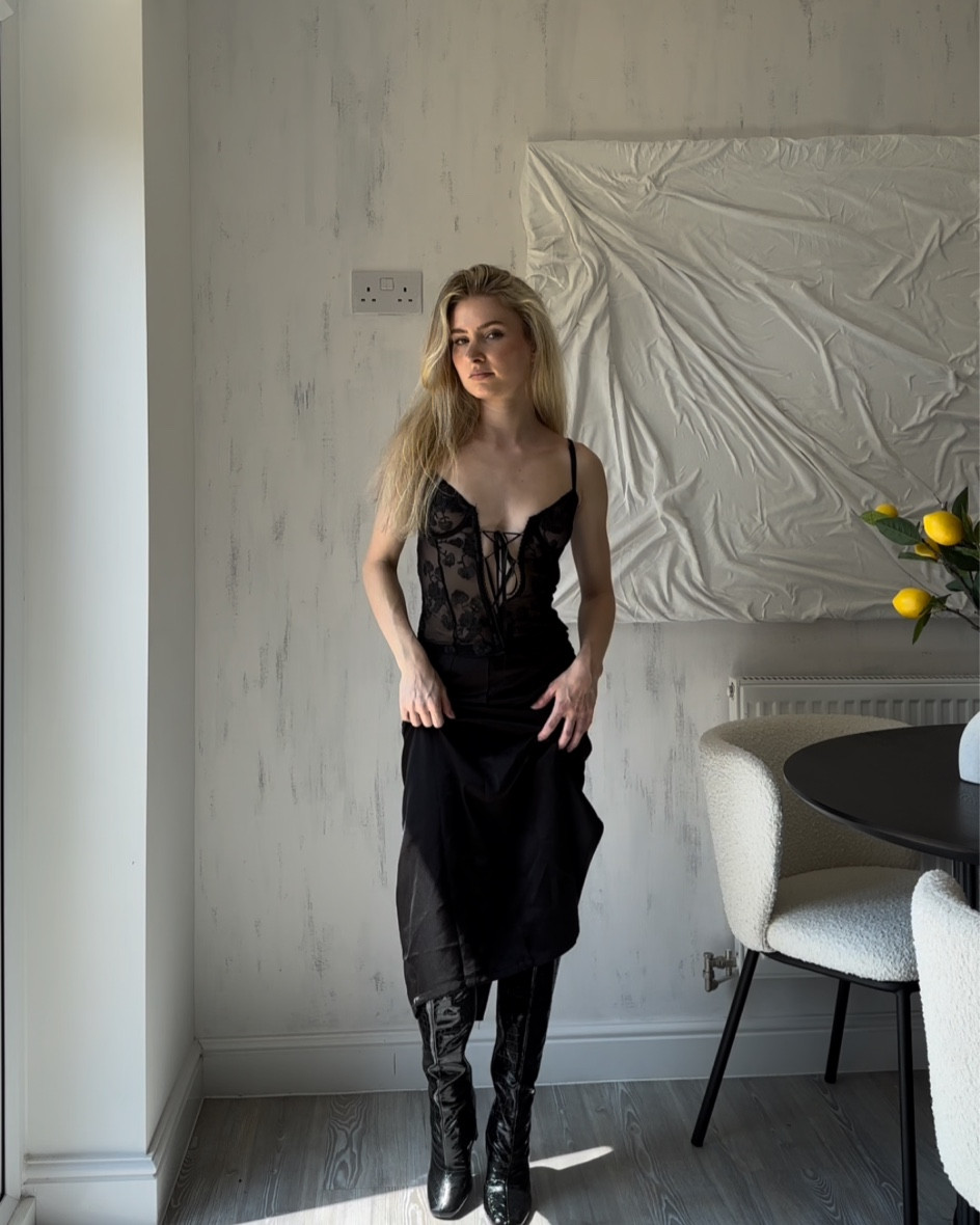 Date night lingerie silk skirt outfit - all black for any occasion 

#LTKfit #LTKstyletip #LTKunder100