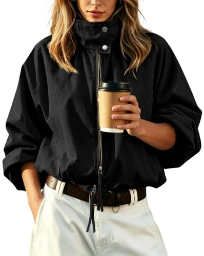 Womens Bomber Jacket Puffed Collar Trench Coat Funnel Neck Cropped Jackets | Amazon (US)
