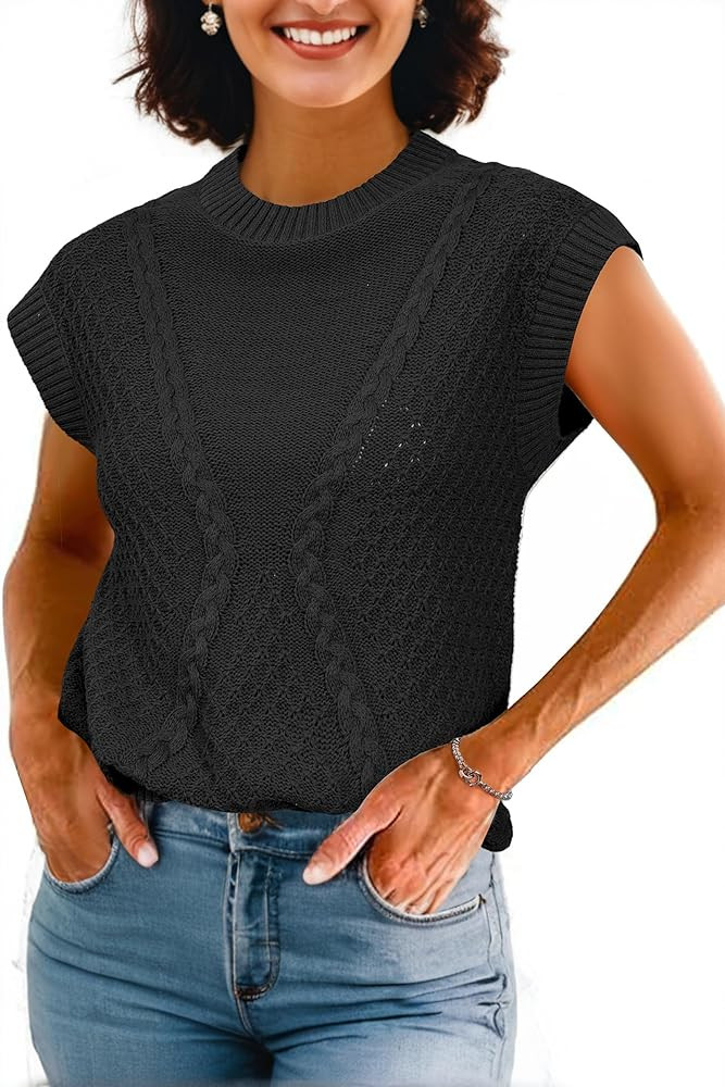 Arach&Cloz Womens Spring Sweater Vest 2025 Cap Sleeve Crew Neck Casual Tops Cable Knit Crochet Lo... | Amazon (US)