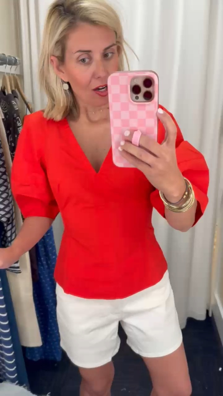 #LTKxMadewell 20% off sitewide! These are the Perfect shorts with the finished hem in ecru white, I am wearing size 27. Love the sleeves on this red top, wearing size 00.  

 #LTKxMadewell #LTKootd #LTKSaleAlert