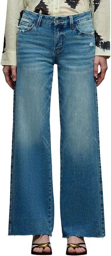 ONESO Mid-Low Rise Baggy Jeans Wide Leg for Women Distressed Pants Stretchy Bottom Lady Basic Com... | Amazon (US)