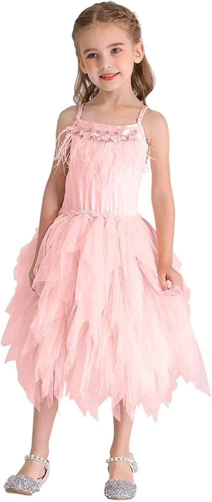 Kids Girls Spaghetti Straps Swan Feather Fringes Tulle Dress Birthday Party Ballerina Dance Short... | Amazon (US)