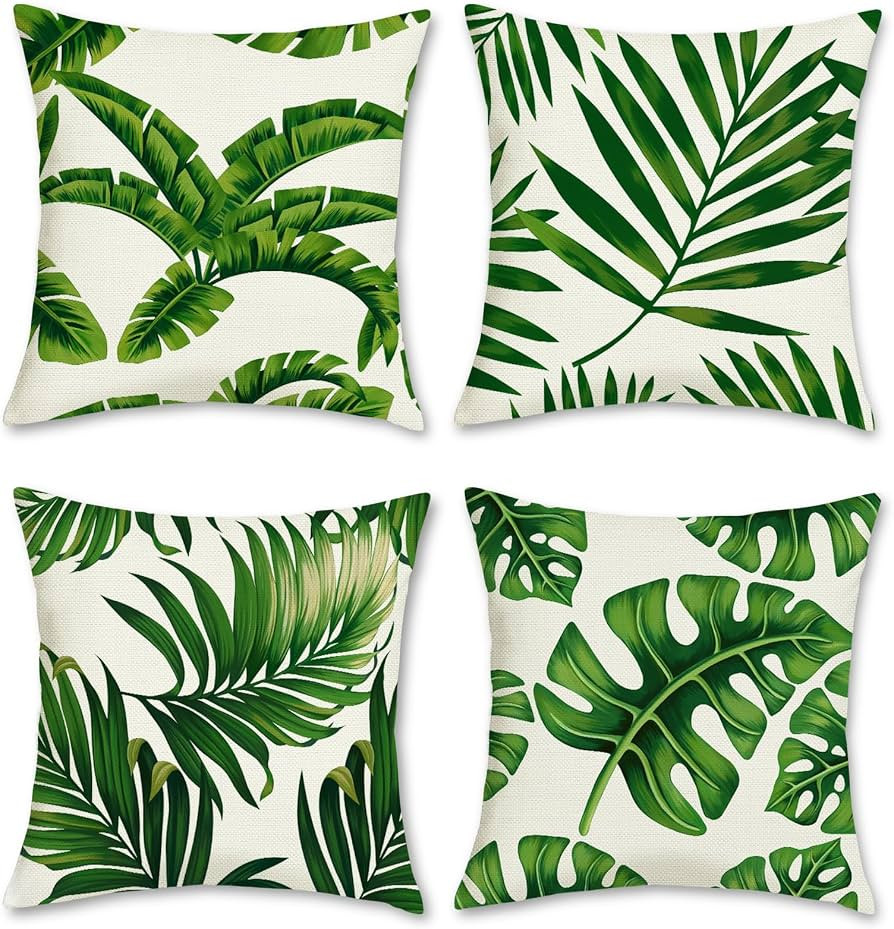 Bonhause Tropical Leaves Throw Pillow Covers 18 x 18 Inch Set of 4 Green Palm Leaf Decorative Pil... | Amazon (US)
