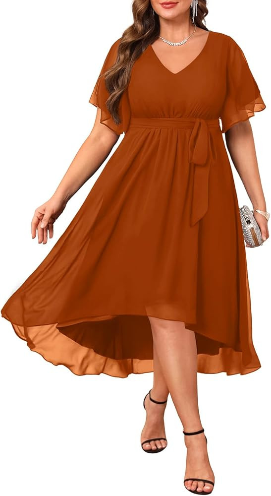 Plus Size Dresses Wedding Guest - Formal Cocktail Chiffon V Neck Short Sleeve High Low Dress Curv... | Amazon (US)