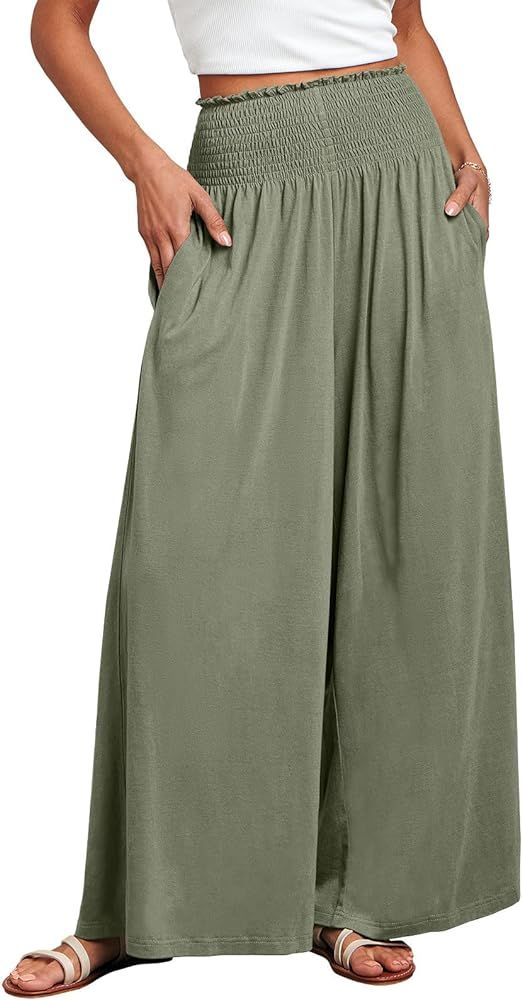 ANRABESS Women Palazzo Pants Summer Boho Wide Leg High Waist Casual Loose Lounge Pant Trousers wi... | Amazon (US)