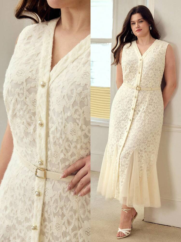 MOTF PREMIUM PLUS SIZE WOMEN'S ELEGANT MESH PATCHWORK DRESS, SPRING/SUMMER | SHEIN