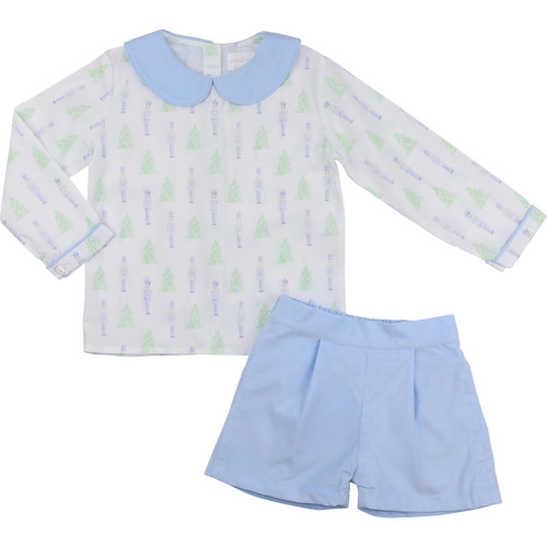 Green And Blue Nutcracker And Christmas Tree Corduroy Short Set | Cecil and Lou