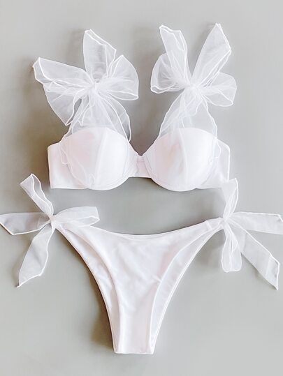 Mesh Self Tie Underwire Bikini Swimsuit | SHEIN