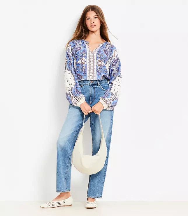 Bandana Print Split Neck Balloon Sleeve Blouse | LOFT