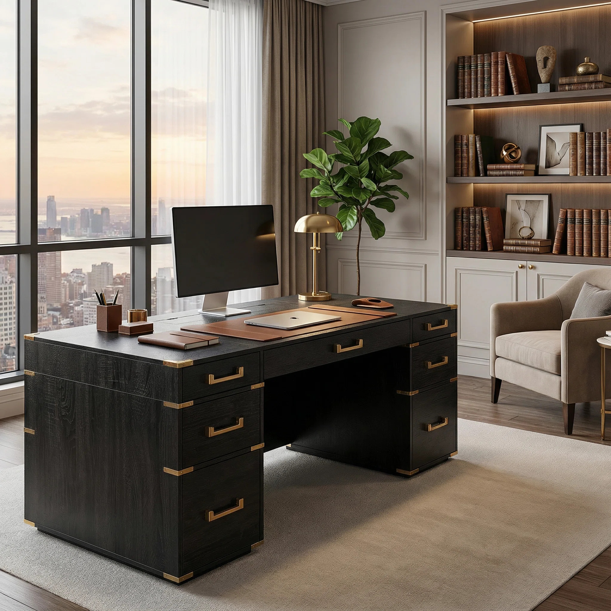 70-inch Executive Desk, Classic Traditional Style with Metal Edge Trim, 2 File Drawers, Built-in USB Ports and Power Outlets, Hidden Storage Compartme | Wayfair North America