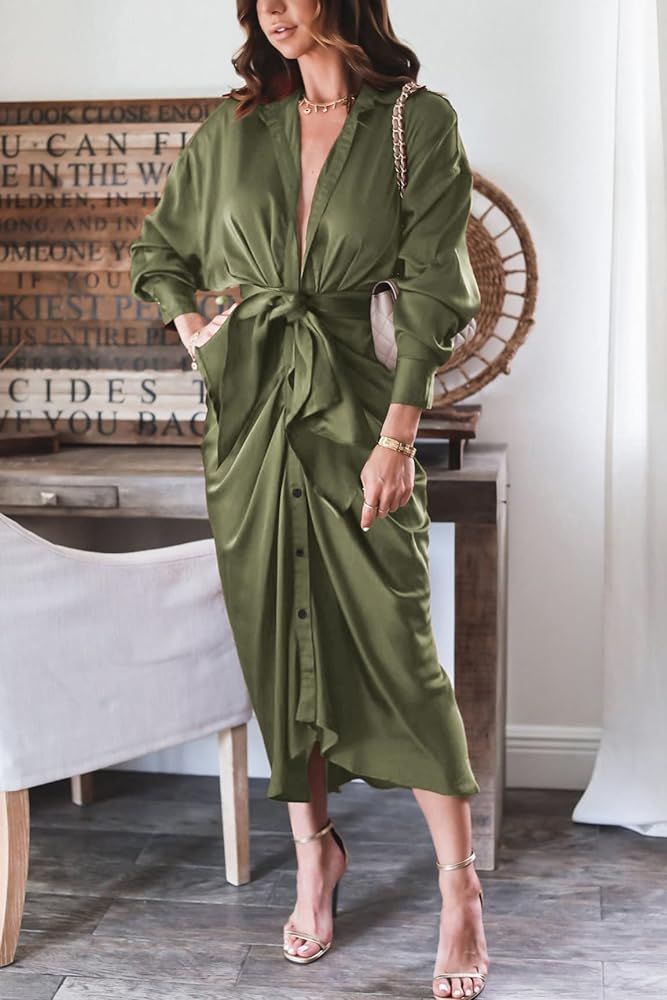 Women's Long Sleeve Lapel V Neck Button Down Satin Dresses Elegant Ruched Casual Fall Maxi Shirt Dre | Amazon (US)