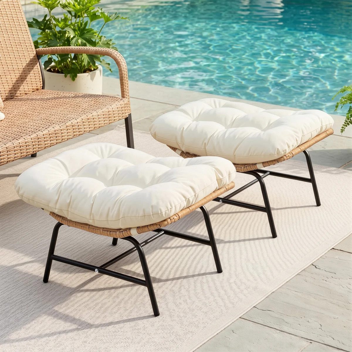 Nellysford Wicker Outdoor Ottoman (Set of 2), Upholstered Patio Footrest with Metal Frame for Dec... | Wayfair North America