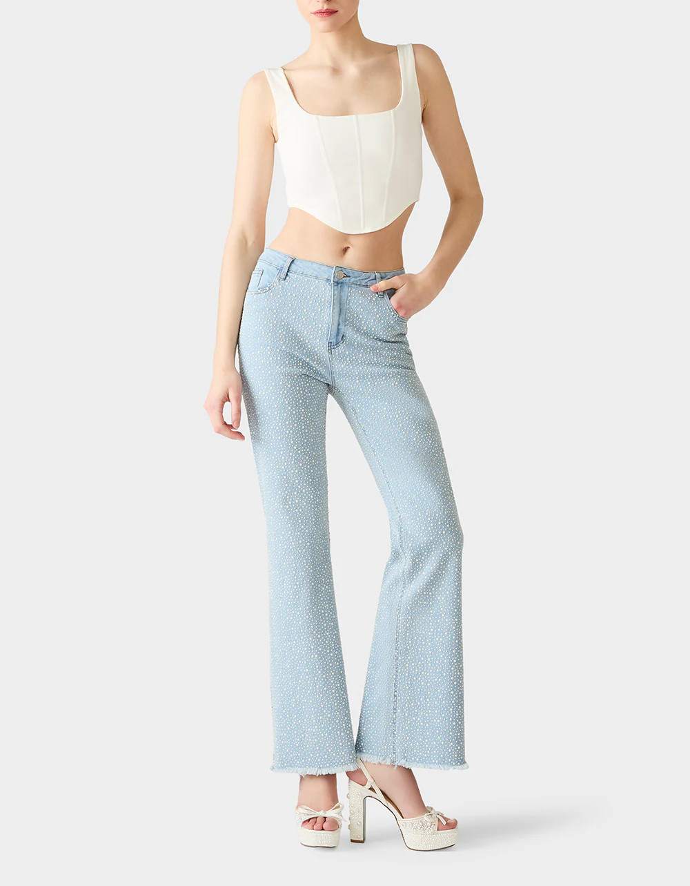 PEARL JEANS DENIM Women's Blue Flare Jeans with Pearl Embellishment | Betsey Johnson