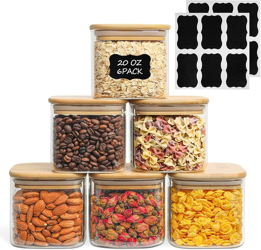 ComSaf 20 oz Glass Food Storage Jars Set of 6, Clear Storage Containers with Airtight Bamboo Lid,... | Amazon (US)