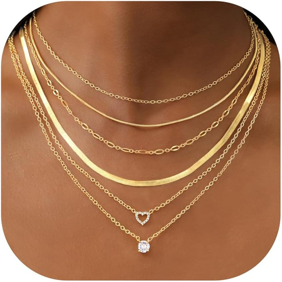 iF YOU 6 Pcs Gold Chokers Necklace Set for Women Girls, 14k Gold Plated CZ Pendant Necklace, Tren... | Amazon (US)