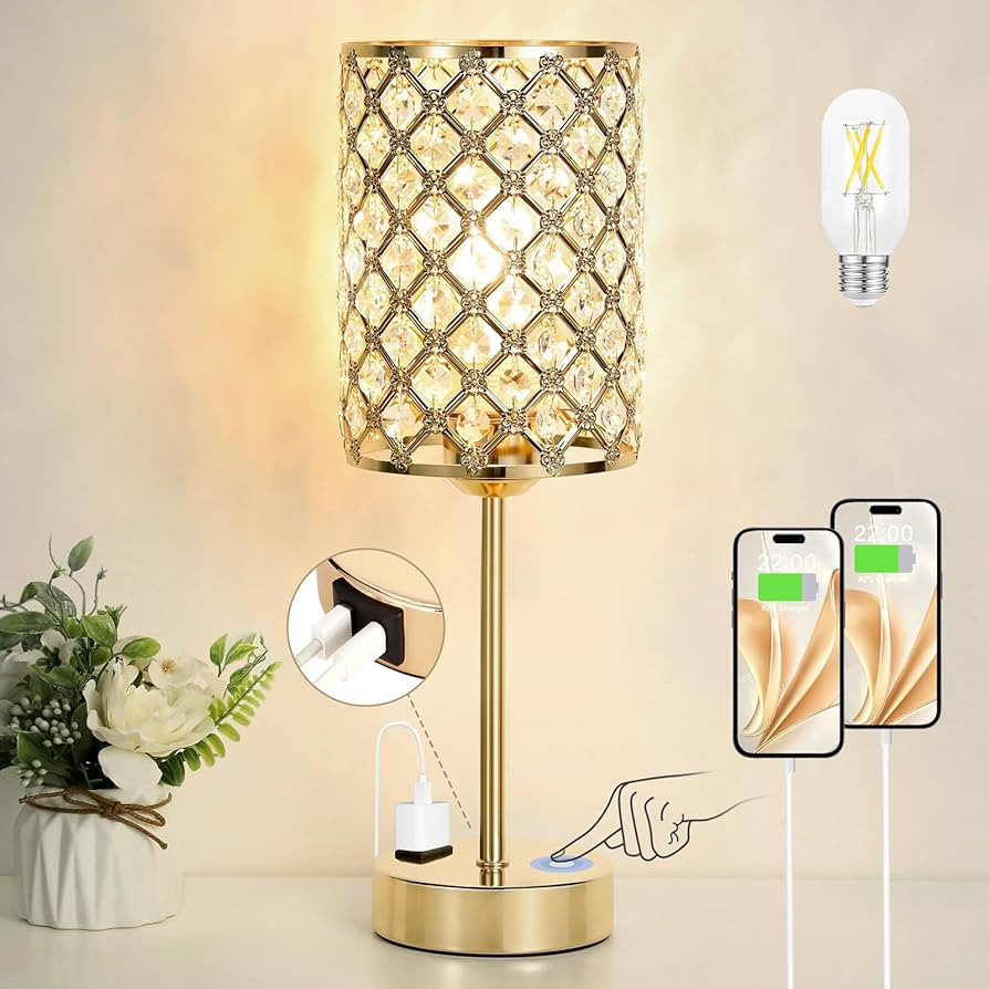 Gold Lamp for Nightstand-Crystal Table Lamp with USB-C+A & AC Charging Ports, 3-Way Dimmable Nigh... | Amazon (US)