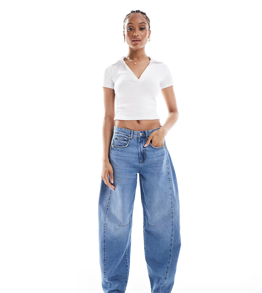 ONLY Tall barrel leg jeans with seam detail in mid blue denim | ASOS (Global)