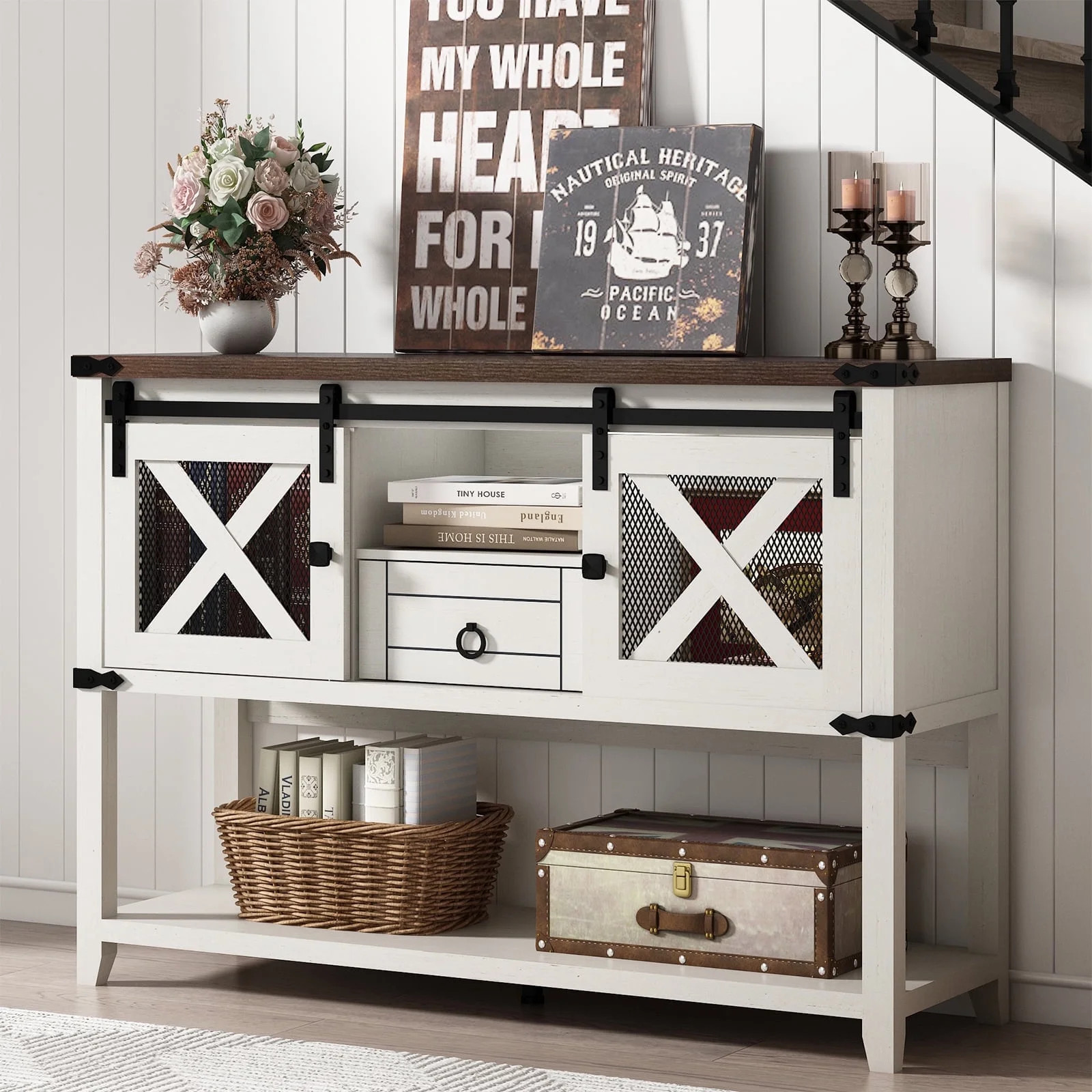 46'' Large Farmhouse Entryway Table with Sliding Barn Doors, Console Table Sofa Side Table with S... | Walmart (US)