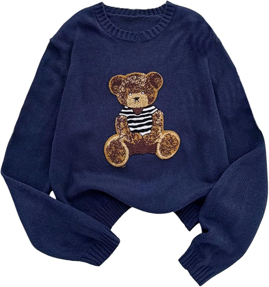 BEAUDRM Girl's Teddy Bear Sweater Cute Graphic Sweaters Fall Lightweight Long Sleeve Crewneck Kni... | Amazon (US)