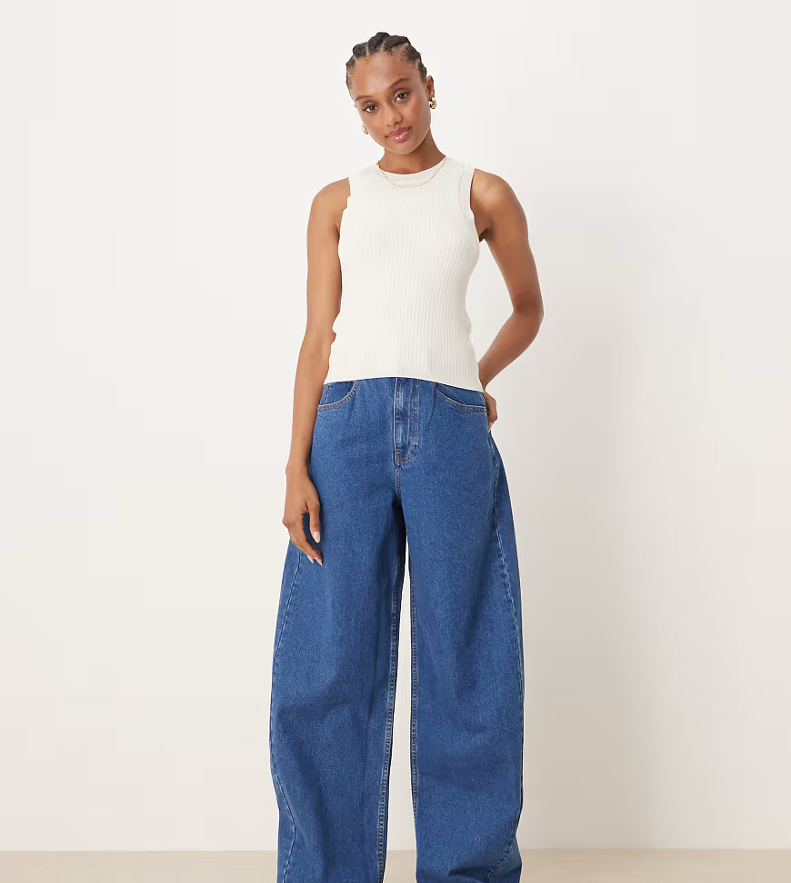 ASOS DESIGN Tall high waisted barrel leg jeans in clean mid blue | ASOS (Global)