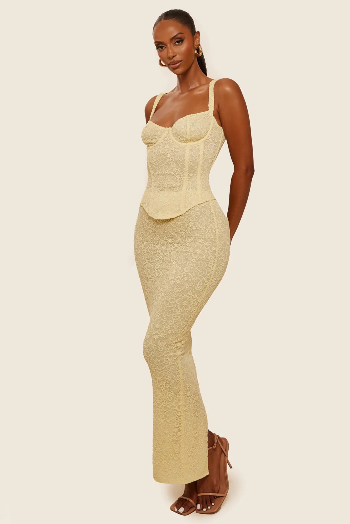 The Cinched Lace Corset Maxi Set in Yellow | Mars The Label